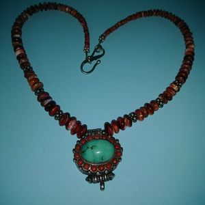 Red Coral Sterling Silver Turquoise Necklace